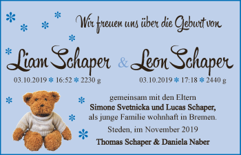 Babyanzeige von Liam und Leon Schaper von Osterholzer Kreisblatt