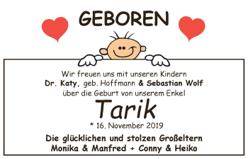 Babyanzeige von Tarik Wolf von WESER-KURIER