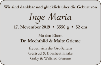 Babyanzeige von Inge Maria Grieme von WESER-KURIER