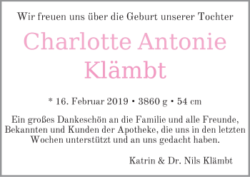 Babyanzeige von Charlotte Antonie Klämbt von WESER-KURIER