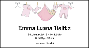 Babyanzeige von Emma Luana Tielitz von WESER-KURIER