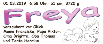 Babyanzeige von Freya  von WESER-KURIER