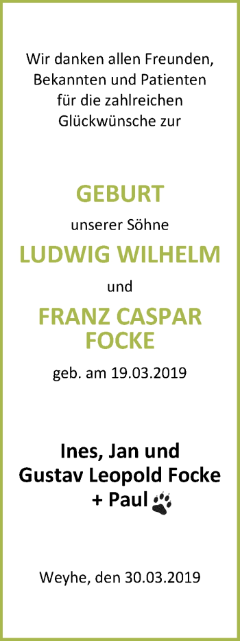 Babyanzeige von Ludwig Wilhelm und Franz Caspar Focke von Wuemme Zeitung