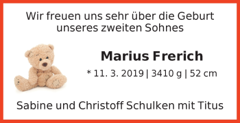 Babyanzeige von Marius Frerich Schulken von Die Norddeutsche
