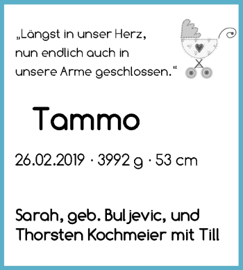 Babyanzeige von Tammo Kochmeier von WESER-KURIER