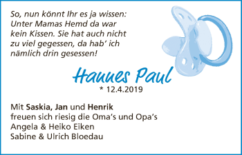 Babyanzeige von Hannes Paul  von Osterholzer Kreisblatt