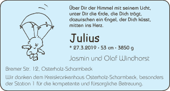 Babyanzeige von Julius Windhorst von Osterholzer Kreisblatt