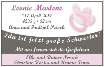 Babyanzeige von Leonie Marlene Persch von WESER-KURIER