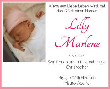Babyanzeige von Lilly Marlene  von WESER-KURIER