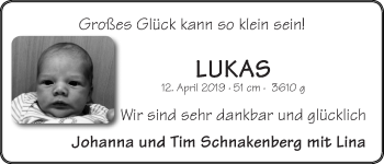 Babyanzeige von Lukas Schnakenberg von Wuemme Zeitung
