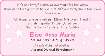 Babyanzeige von Elise Anna Maria  von Osterholzer Kreisblatt