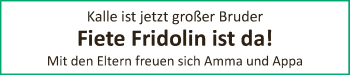 Babyanzeige von Fiete Fridolin Blasco von Die Norddeutsche