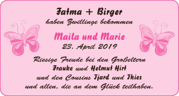 Babyanzeige von Maila und Marie  von WESER-KURIER