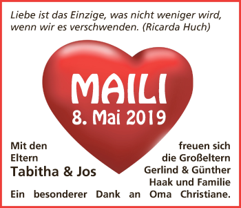 Babyanzeige von Maili  von Wuemme Zeitung