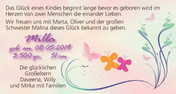 Babyanzeige von Milla Dohle von WESER-KURIER