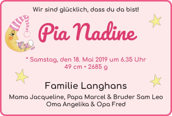 Babyanzeige von Pia Nadine Langhans von WESER-KURIER