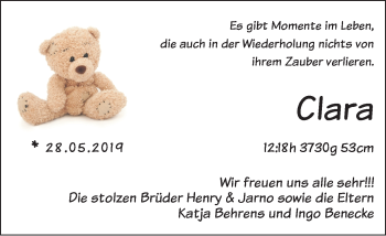 Babyanzeige von Clara  von WESER-KURIER