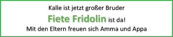 Babyanzeige von Fiete Fridolin  von Die Norddeutsche