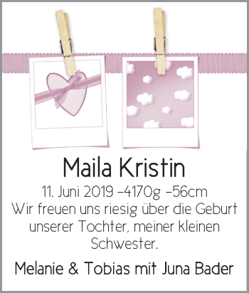 Babyanzeige von Maila Kristin Bader von WESER-KURIER