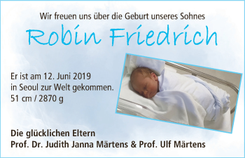Babyanzeige von Robin Friedrich Märtens von WESER-KURIER