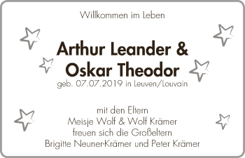 Babyanzeige von Arthur Leander und Oskar Theodor  von Osterholzer Kreisblatt