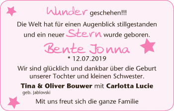 Babyanzeige von Bente Jonna Bouwer von WESER-KURIER