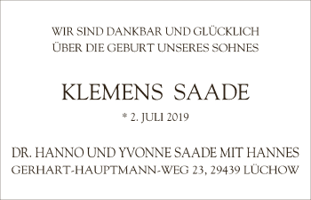 Babyanzeige von Klemens Saade von Osterholzer Kreisblatt