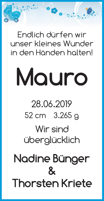 Babyanzeige von Mauro  von Wuemme Zeitung