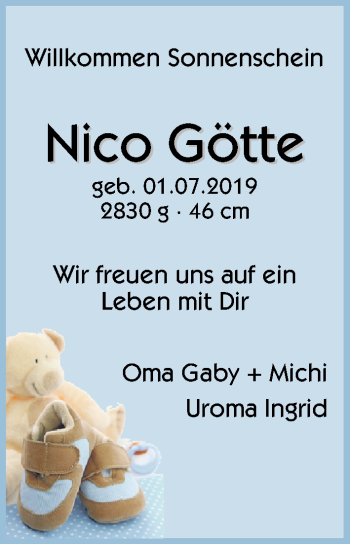 Babyanzeige von Nico Götte von WESER-KURIER