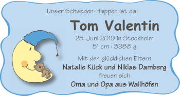 Babyanzeige von Tom Valentin  von Osterholzer Kreisblatt
