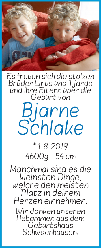 Babyanzeige von Bjarne Schlake von WESER-KURIER