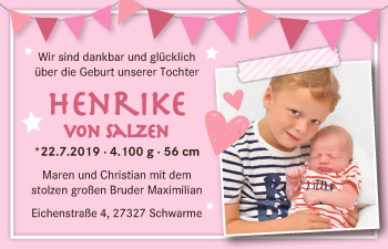 Babyanzeige von Henrike von Salzen von Regionale Rundschau/Syker Kurier