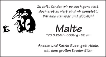 Babyanzeige von Malte Russ von WESER-KURIER