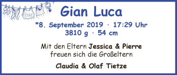 Babyanzeige von Gian Luca Tietze von WESER-KURIER