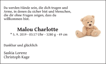 Babyanzeige von Malou Charlotte  von WESER-KURIER