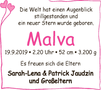 Babyanzeige von Malva Jaudzin von Achimer Kurier/Verdener Nachrichten