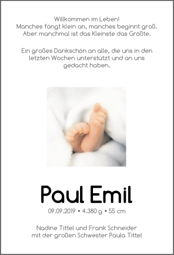 Babyanzeige von Paul Emil  von WESER-KURIER