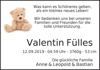 Babyanzeige von Valentin Fülles von WESER-KURIER