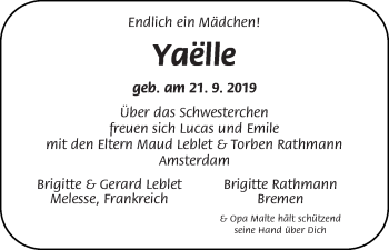 Babyanzeige von Yaelle Rathmann von WESER-KURIER