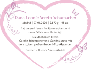 Babyanzeige von Dana Leonie Sereto Schumacher von WESER-KURIER