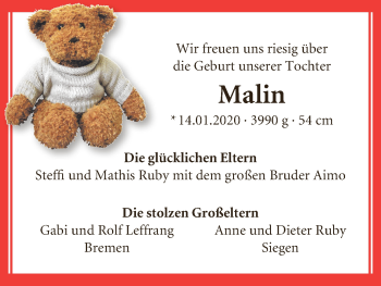 Babyanzeige von Malin Ruby von WESER-KURIER
