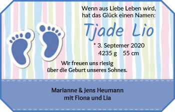 Babyanzeige von Tjade Lio Heumann von Wuemme Zeitung