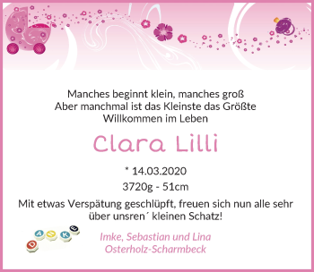 Babyanzeige von Clara Lilli Schorn von Osterholzer Kreisblatt