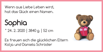 Babyanzeige von Sophia SchrÃ¶der von WESER-KURIER
