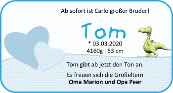 Babyanzeige von Tom  von WESER-KURIER