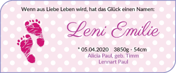 Babyanzeige von Leni Emilie Paul von Wuemme Zeitung