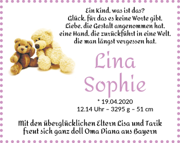 Babyanzeige von Lina Sophie  von WESER-KURIER