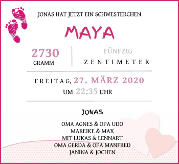 Babyanzeige von Maya Haar von Osterholzer Kreisblatt