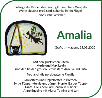 Babyanzeige von Amalia Levin von Die Norddeutsche
