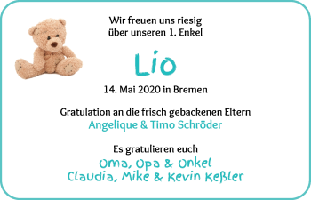 Babyanzeige von Lio Schröder von WESER-KURIER